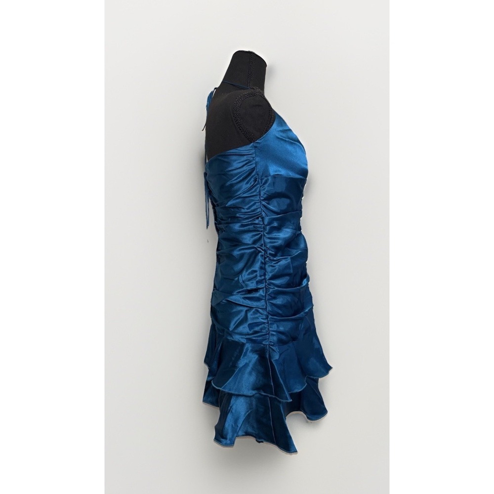 VTG 80s Teal Satin Ruched Halter Ruffle Mini Dress Size‎ 8 Medium Spring Formal - Picture 4 of 10